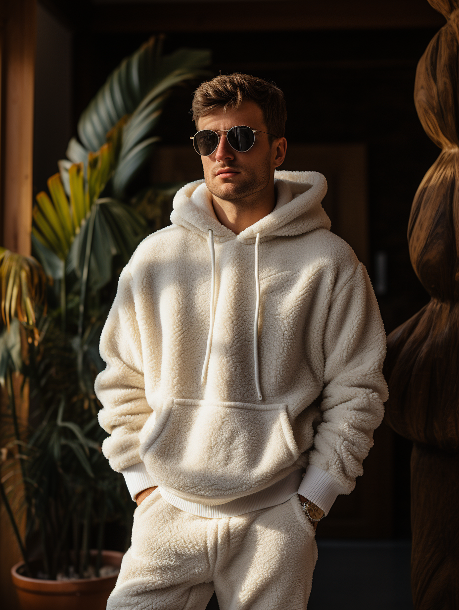 White Classic Velvet Flano Hoodie Set