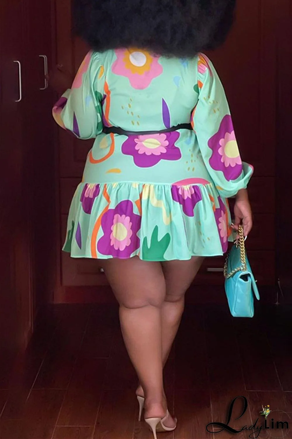 Green Fashion Casual Print Patchwork With Belt O Neck Long Sleeve Plus Size Dresses