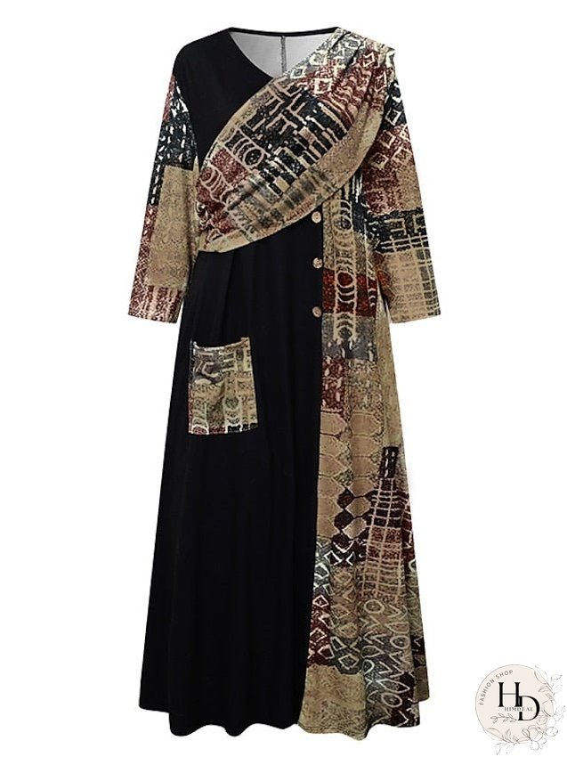 Casual Dress Midi Dress Black 3/4 Length Sleeve Color Block Patchwork Winter Fall Spring Crew Neck Classic Weekend S M L XL 2XL 3XL for Women