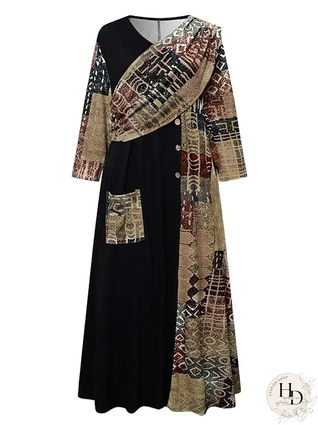 Casual Dress Midi Dress Black 3/4 Length Sleeve Color Block Patchwork Winter Fall Spring Crew Neck Classic Weekend S M L XL 2XL 3XL for Women