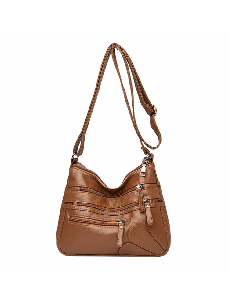Women PU Solid Shoulder Bag Multi-Pocket Classic Crossbody Bag (Brown)