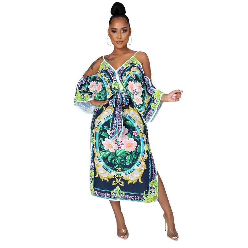 CM.YAYA Women Midi Dress Print Strap Loose Sleeve V-neck Splited Bandage Sashes Dresses Fashion Vestidos Summer Outfits 2021