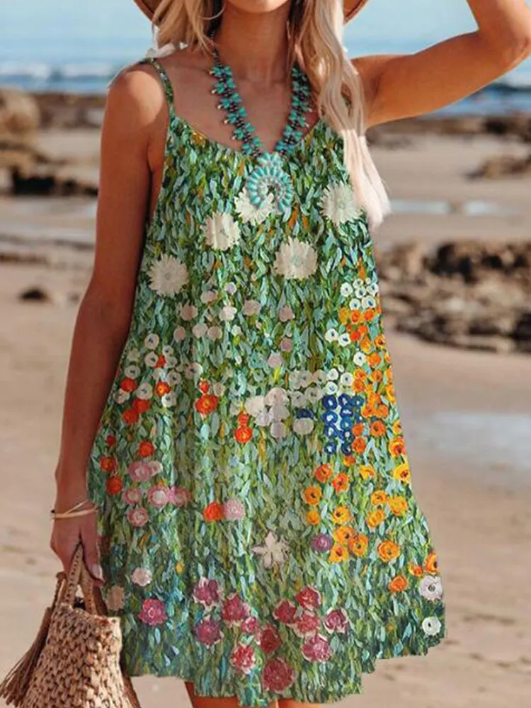 Breakj Spring O Neck Loose Sling Beach Dress Sexy Off Shoulder Hollow Boho Dress Women Retro Pattern Print Patchwork Summer Mini Dress
