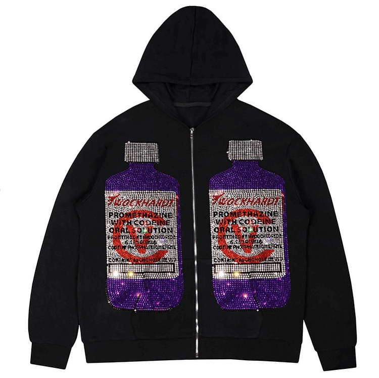 Y2K Rhinestone Graphics Zip Up Oversized Sweatshirt Goth Hoodie Grunge Hooded Jacket