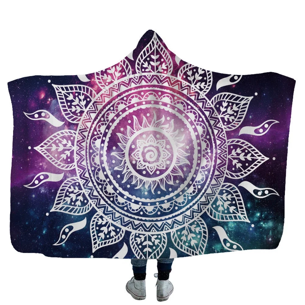 Mandala Hooded Blanket For Adults Childs 3D Printed Sherpa Fleece Blanket Microfiber Wearable Throw Blanket For Home Travel Sofa