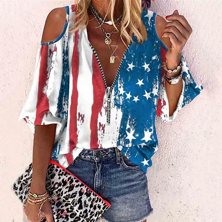 Comstylish American Flag Print V Neck Zip Off Shoulder T-Shirt