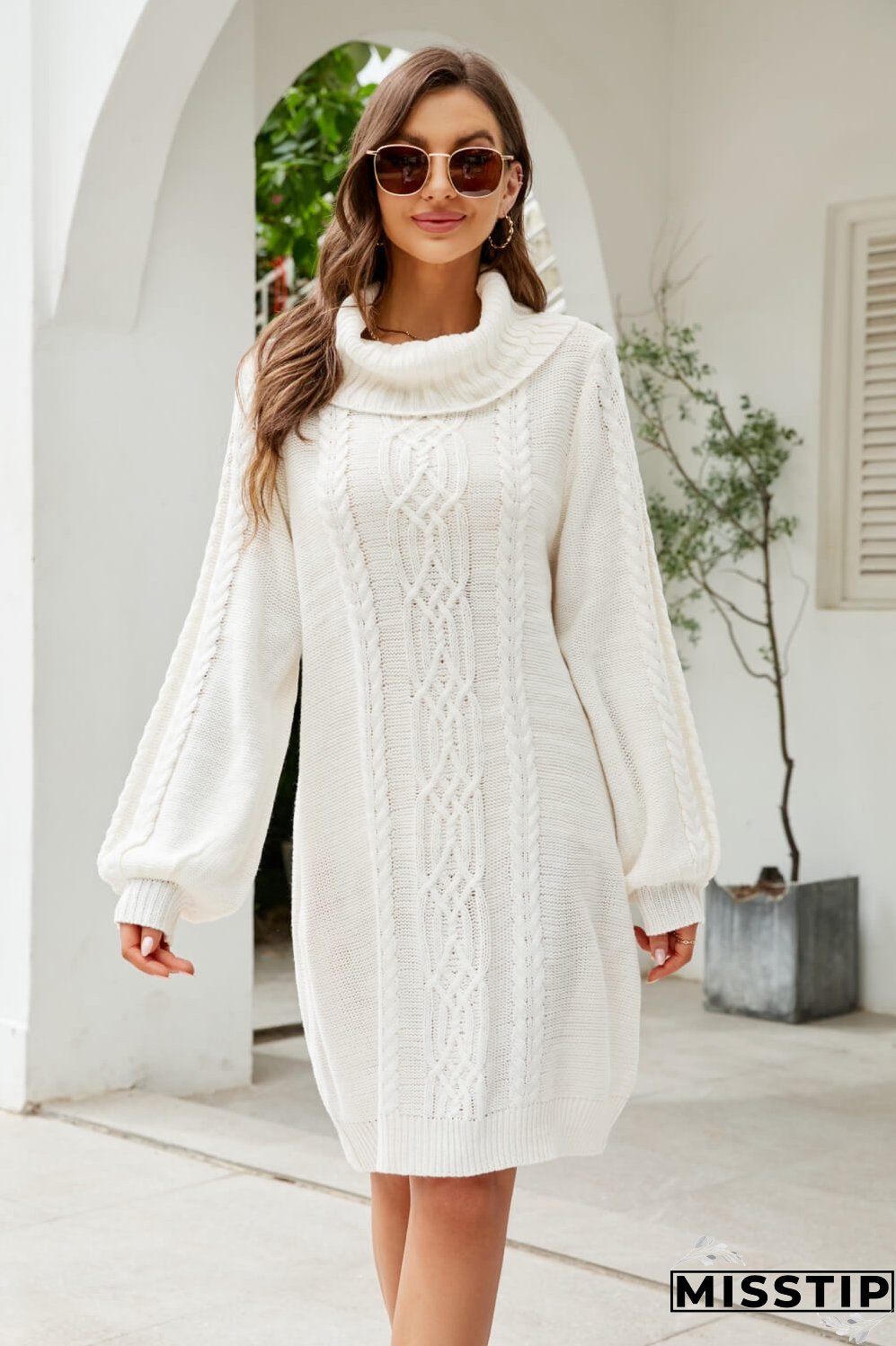 Woven Right Mixed Knit Turtleneck Lantern Sleeve Sweater Dress
