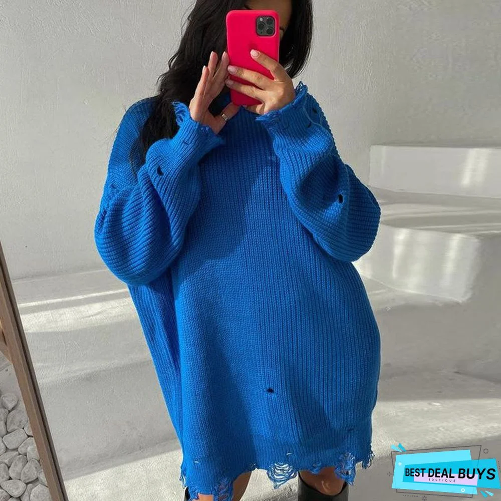 Loose Solid Color Hole Sweater Round Neck Pullover Long Sleeve Sweater