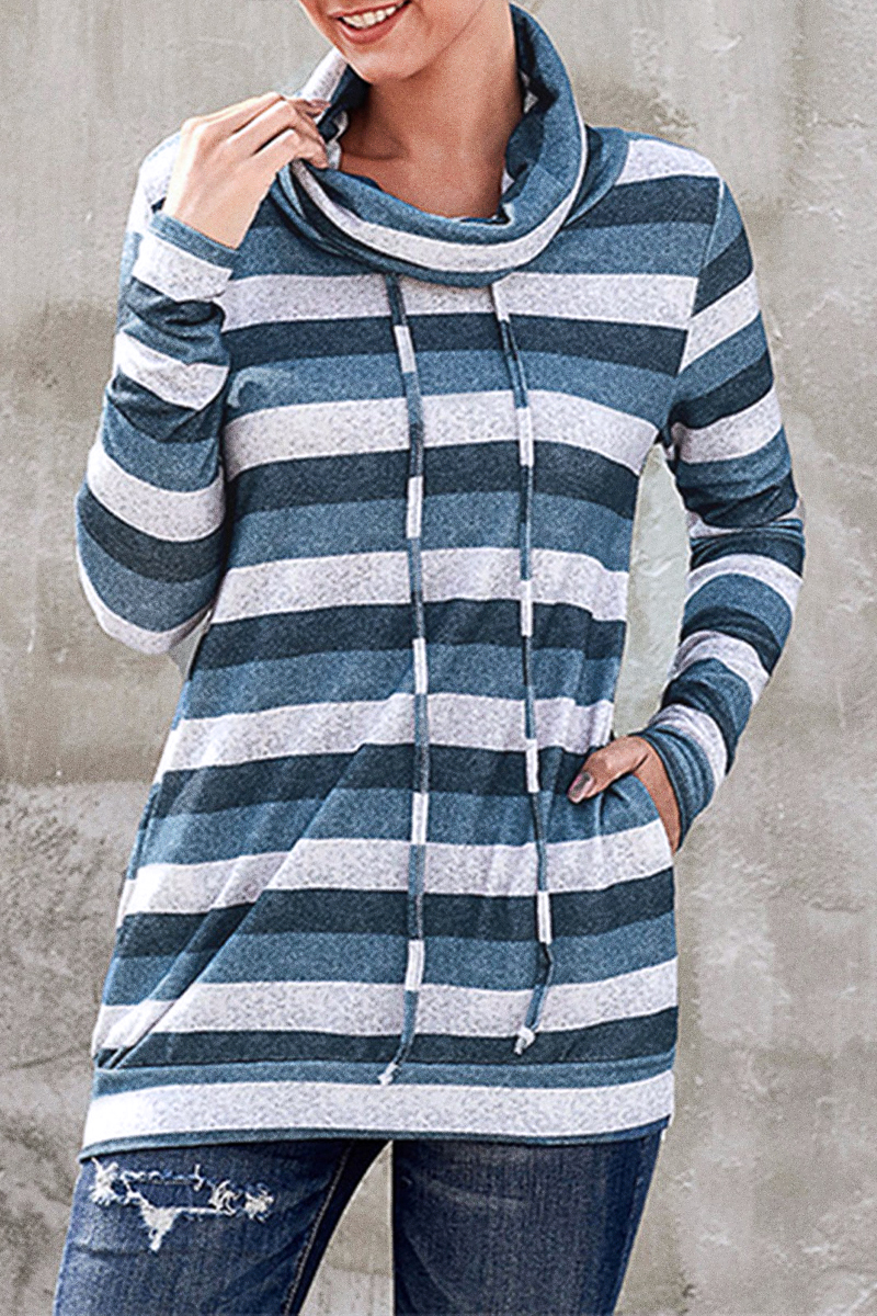 Striped Drawstring Cowl Neck Sweatshirt
