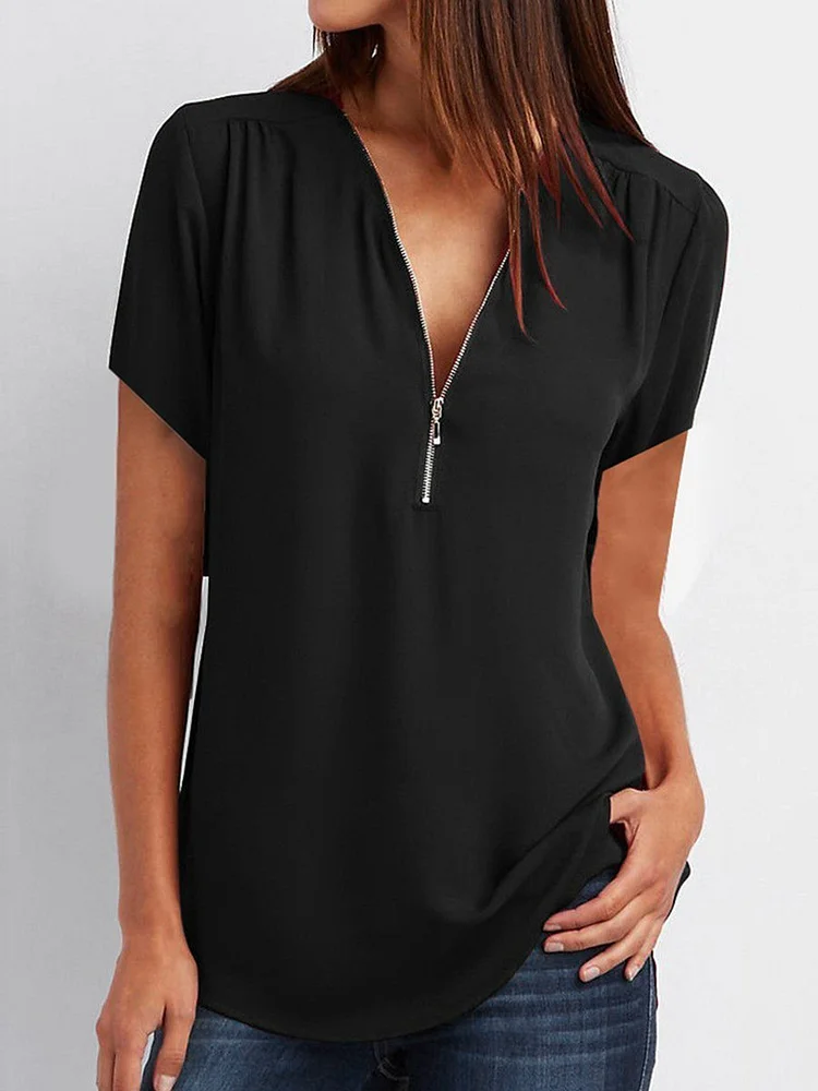 V-Neck Zip Plus Size Women's Short Sleeve Loose Chiffon Shirt