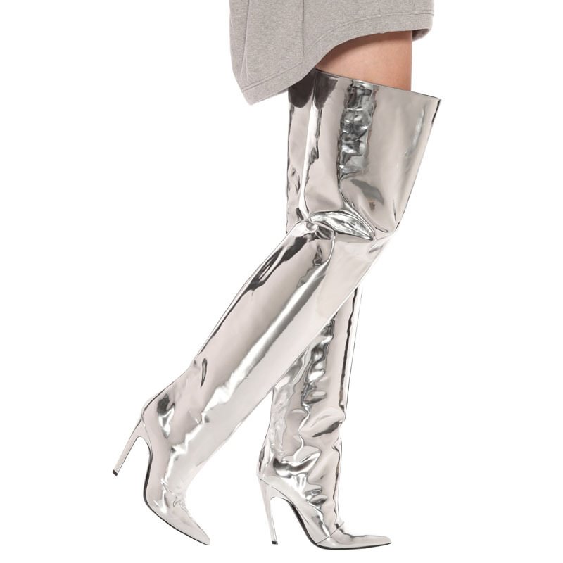 Women's Over Knee Boots Tall Boots Metallic Patent Leather Super Stiletto Wide Tube Boots Novameme