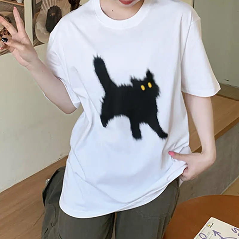 Cartoon Cat Print Round Collar Oversized T-Shirt