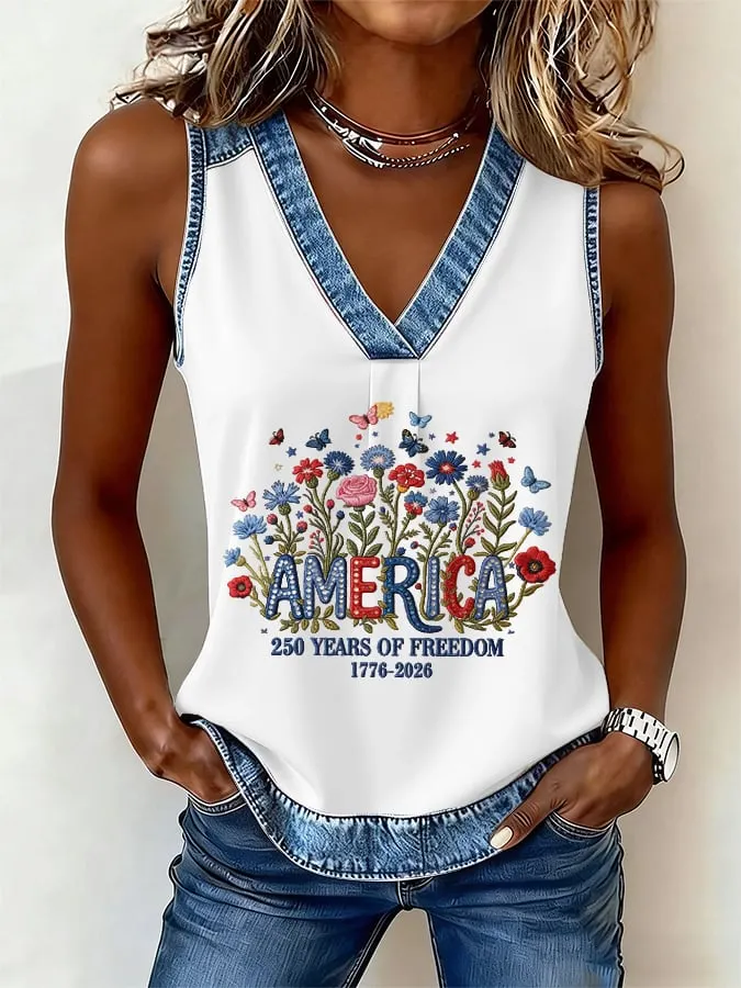 Women's casual retro American 250th V-Neck Vest 