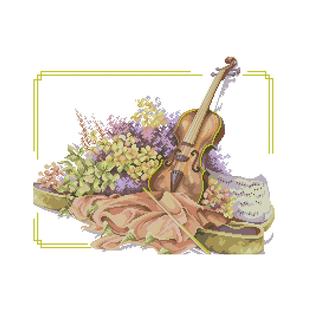 

Violin Among Flowers - 14CT Stamped Cross Stitch - 48*41cm, 501 Original