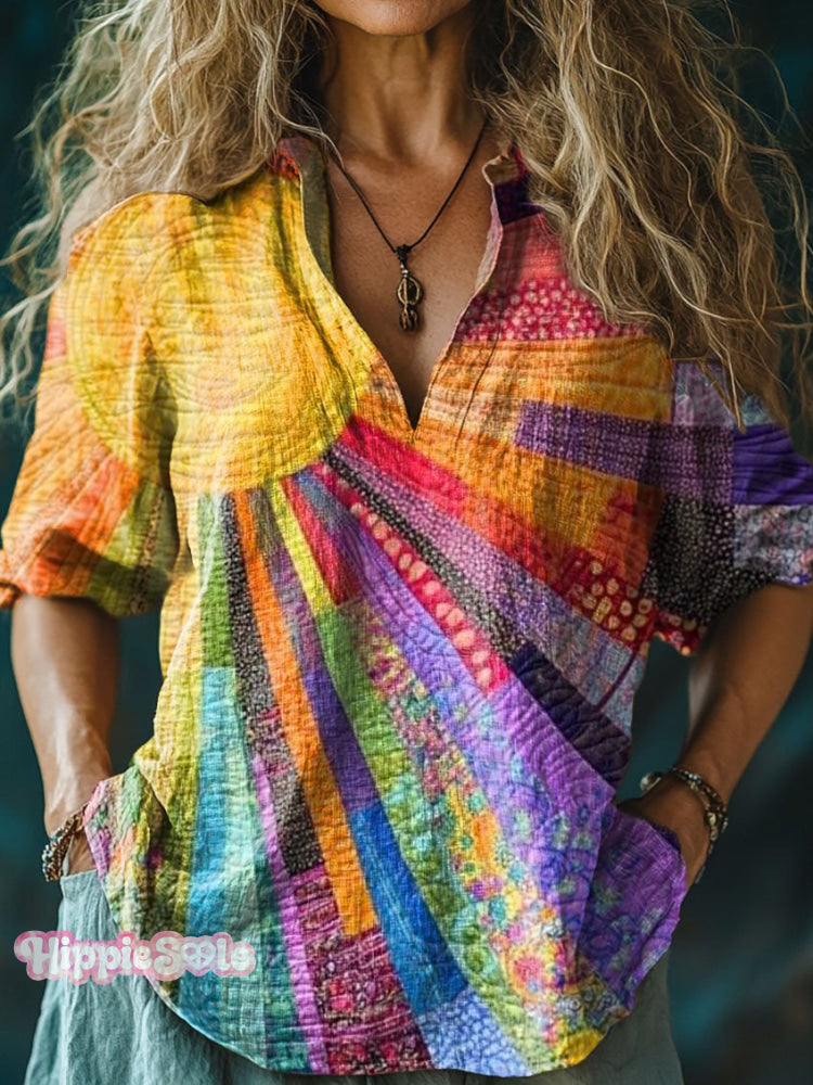 Women’s Colorful Sun Collage Art Print Casual Linen V-Neck Shirt Multicolor / S