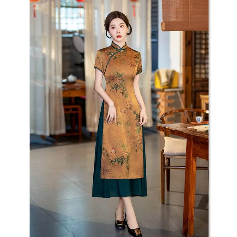 Bamboo leaf pattern, hua luo silk midi Ao dai