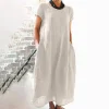 Robe trapèze ample en coton et lin de grande taille de couleur unie