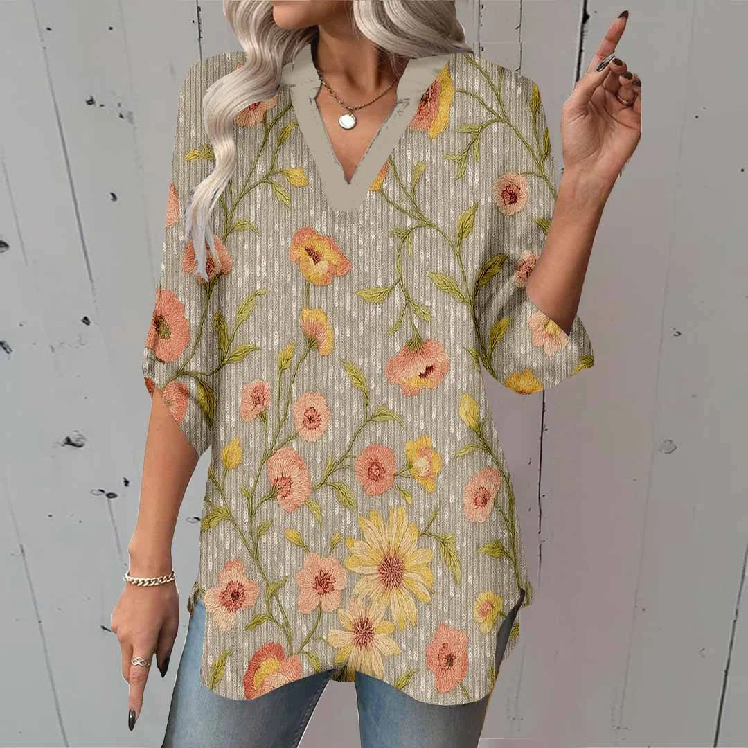 Women Floral, Shiny, Pink, Green DZGA0179 3/4 Sleeve V-neck Printed Graphic Button Tops