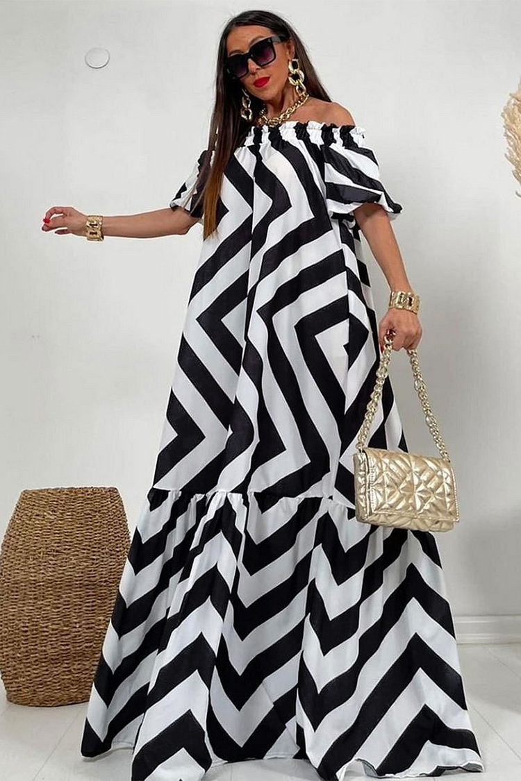 Striped Pattern Off Shoulder Short Sleeve Loose Fit Maxi Dresses-Black