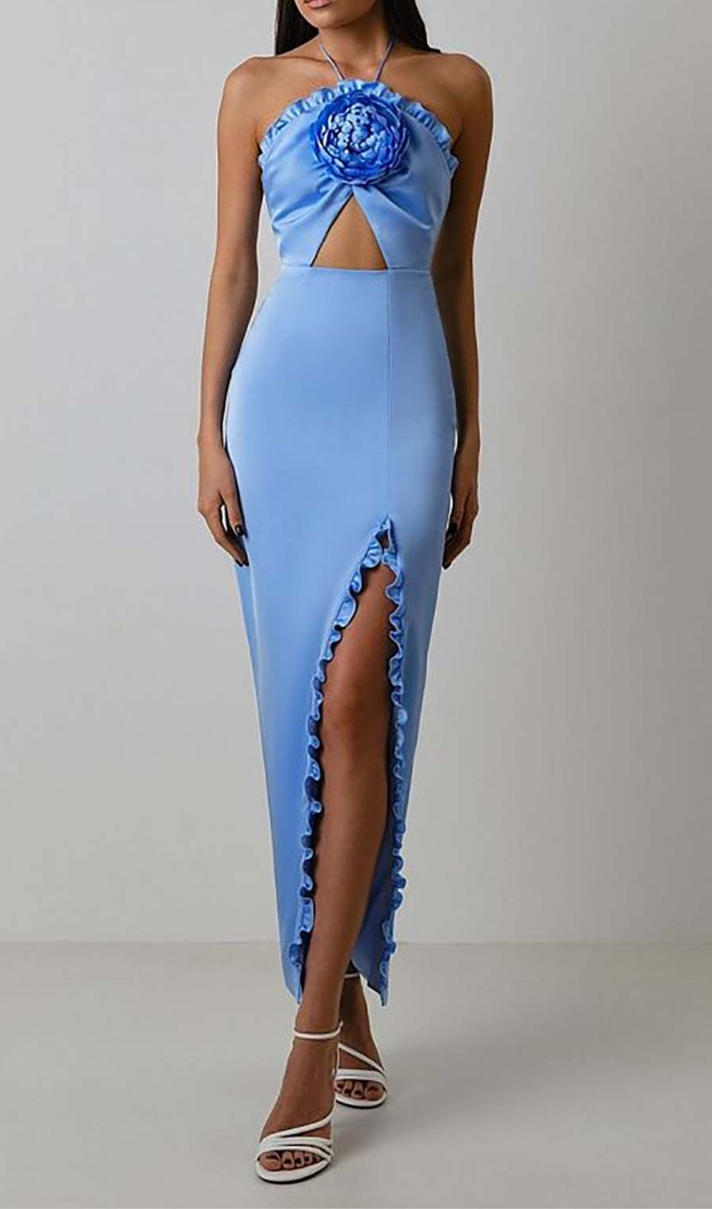 Ruffle Flower-Embellished Midi Dress In Blue Flowering Girl