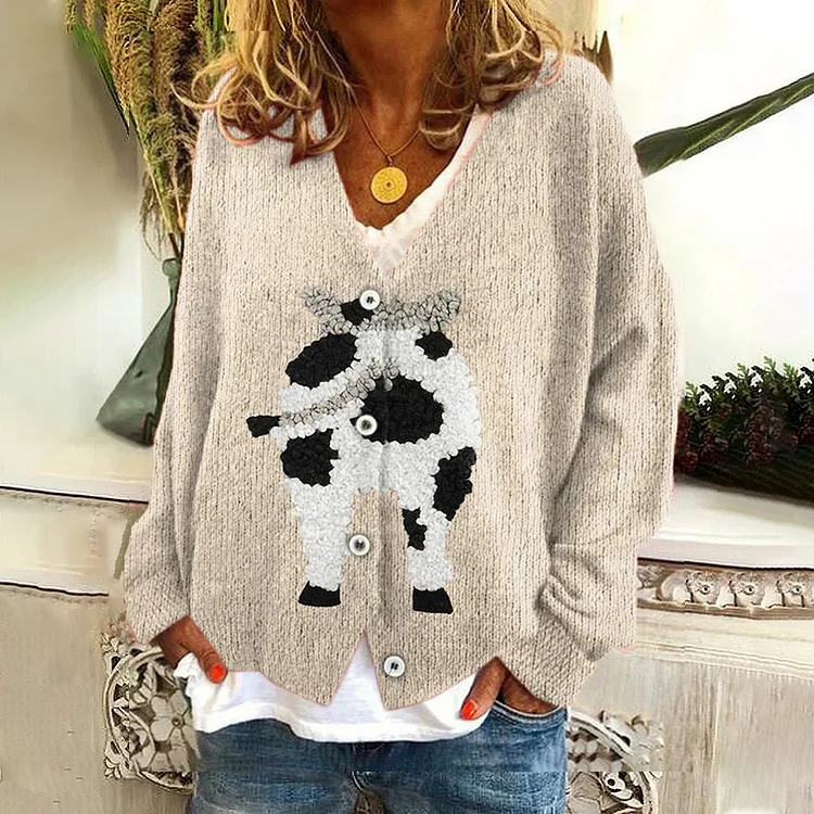 VChics Women's Cute Plush Cow Graphic Print Long Sleeve Cardigan