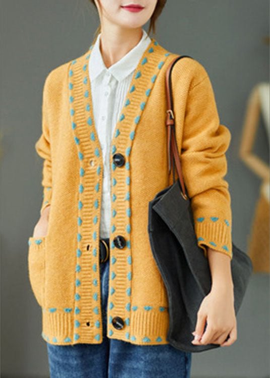 Bohemian Yellow Loose Button Pockets Fall Knit Sweater Coat CK434- Fabulory