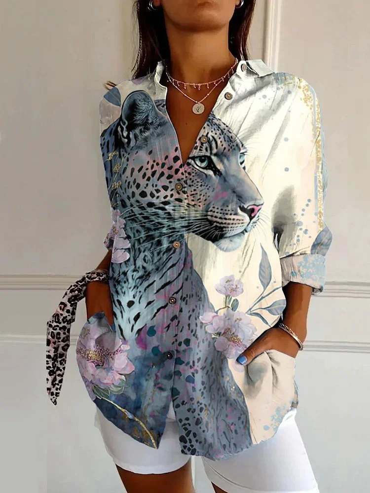 Vintage Leopard Floral Print Casual Long Sleeve Shirt