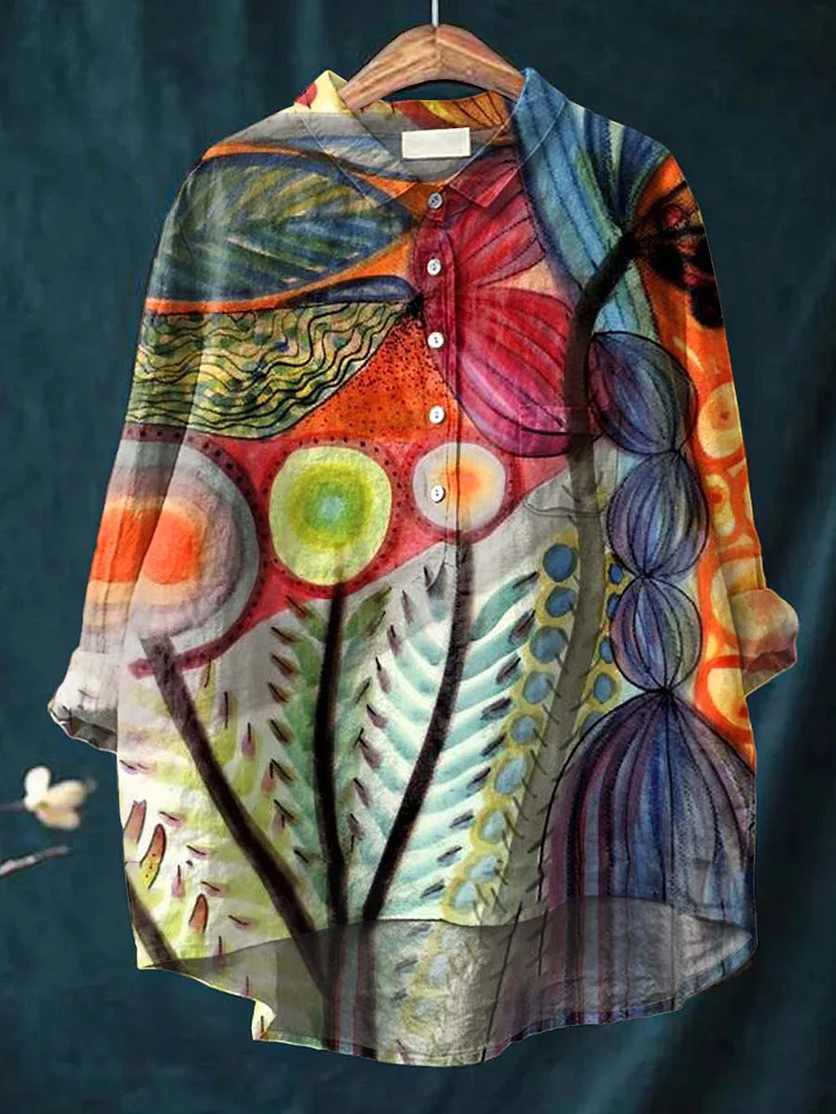 Women S Artwork Pattern Casual Cotton And Linen Shirt