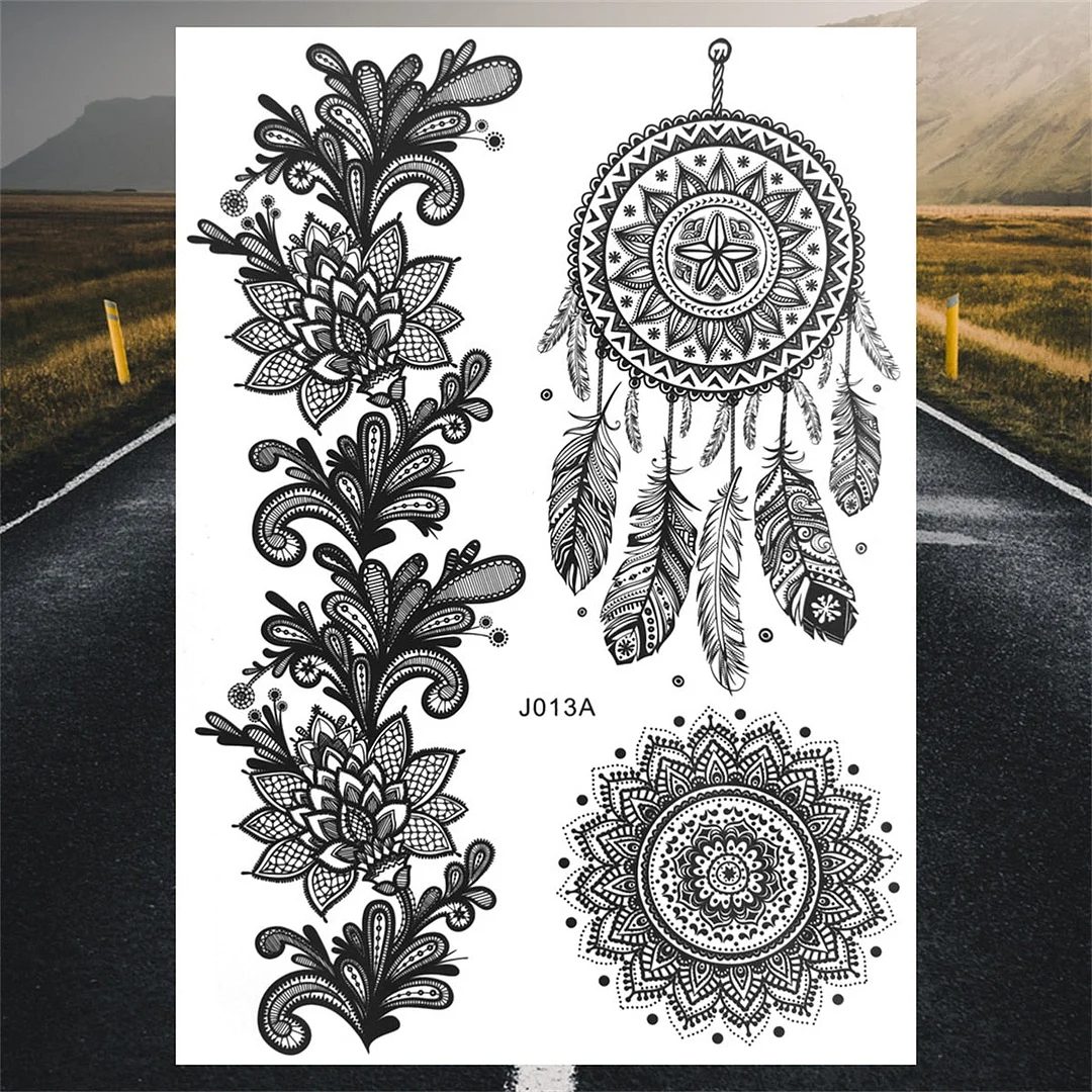 Black Lace Temporary Tattoos For Women Girls Realistic Mandala Henna Flower Fake Tattoo Sticker Foot Body Hena Transfer Tatoos