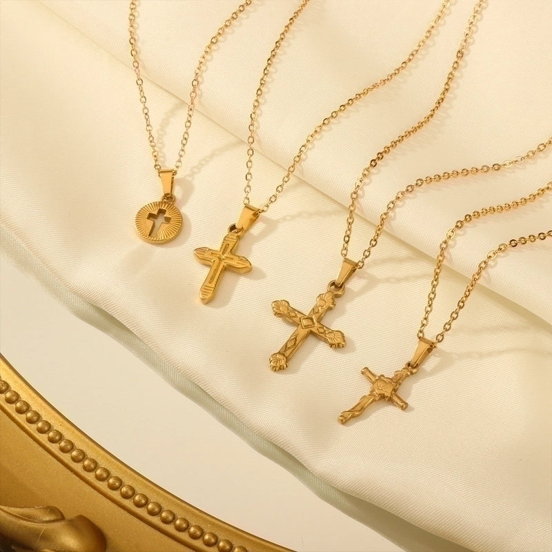 Elegant Vintage Style Cross Solid Color Stainless Steel Plating 18k Gold Plated Pendant Necklace