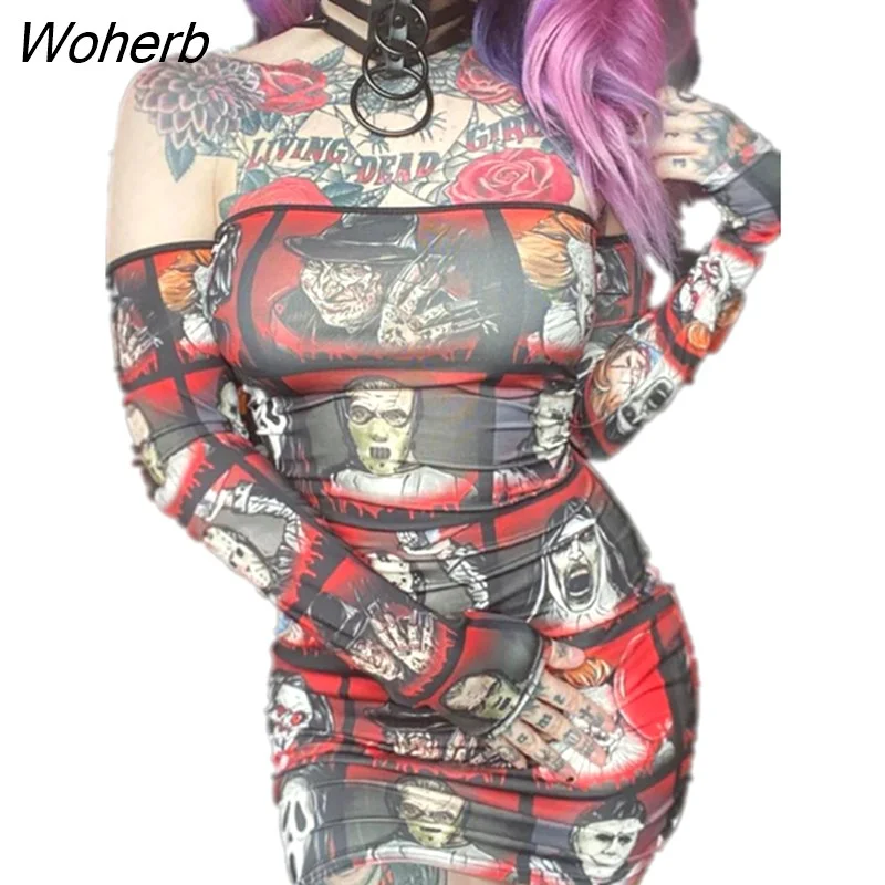 Woherb Vintage Gothic Dress Women Punk Sexy Y2k E-girl Hollow Out Halter Dresses Streetwear Harajuku Mall Goth Emo Alt Outfits