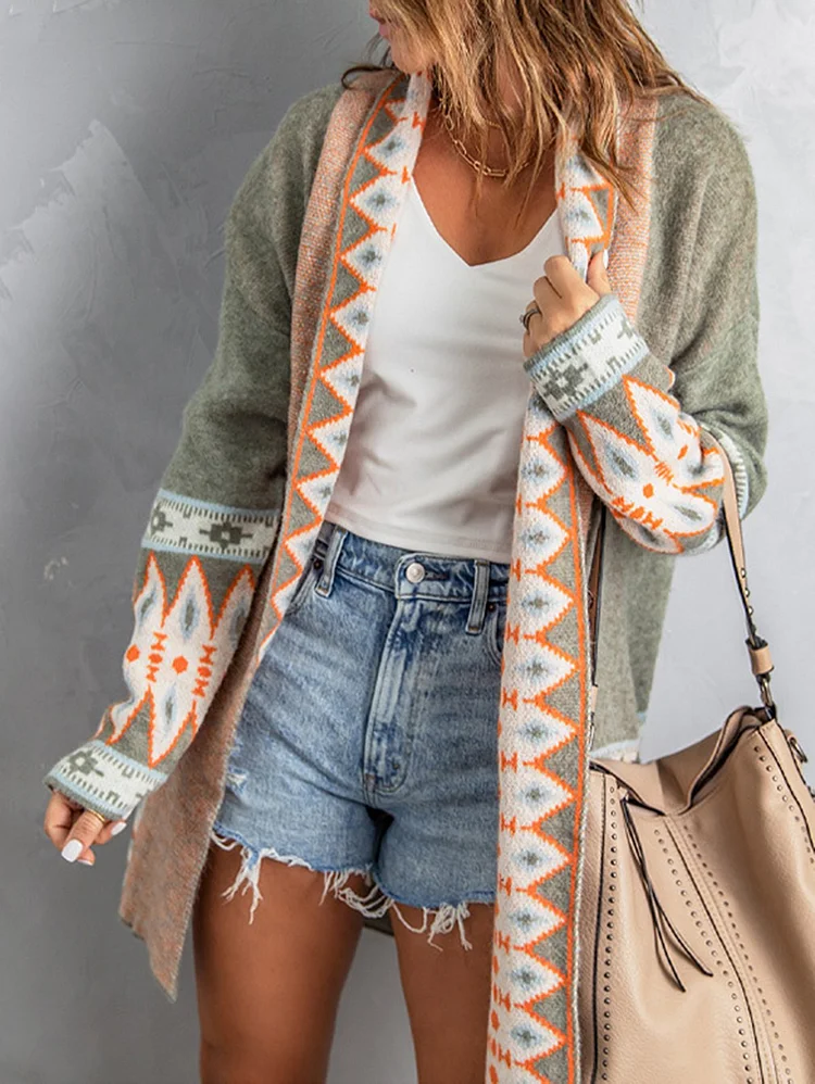 Casual Boho Colorblock Long Sleeve Open Front Cardigans