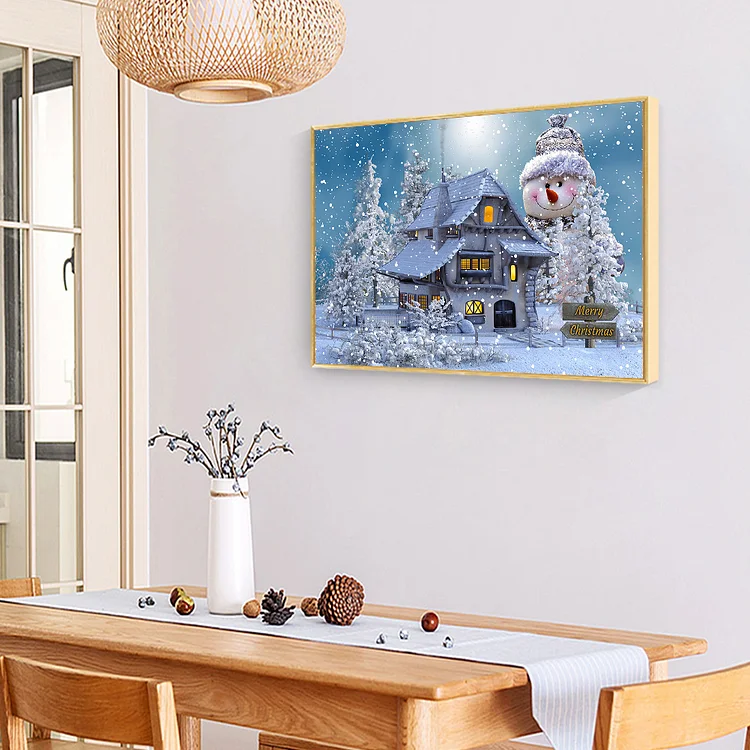 Giant Snowman Next House Full Round Wall Picture 5D Diamond Painting Craft  40*30CM