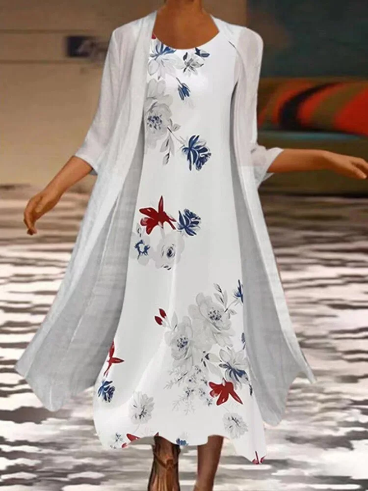 Breakj Spring Elegant Dress Suit Retro Printed Round Neck Dress Solid Jacket Two Piece Women 2022 New Fashion Office Long Dress Suit