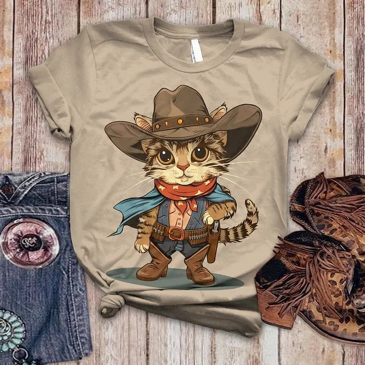 Women's Cute Western Cat Print Casual Crew Neck T-shirt