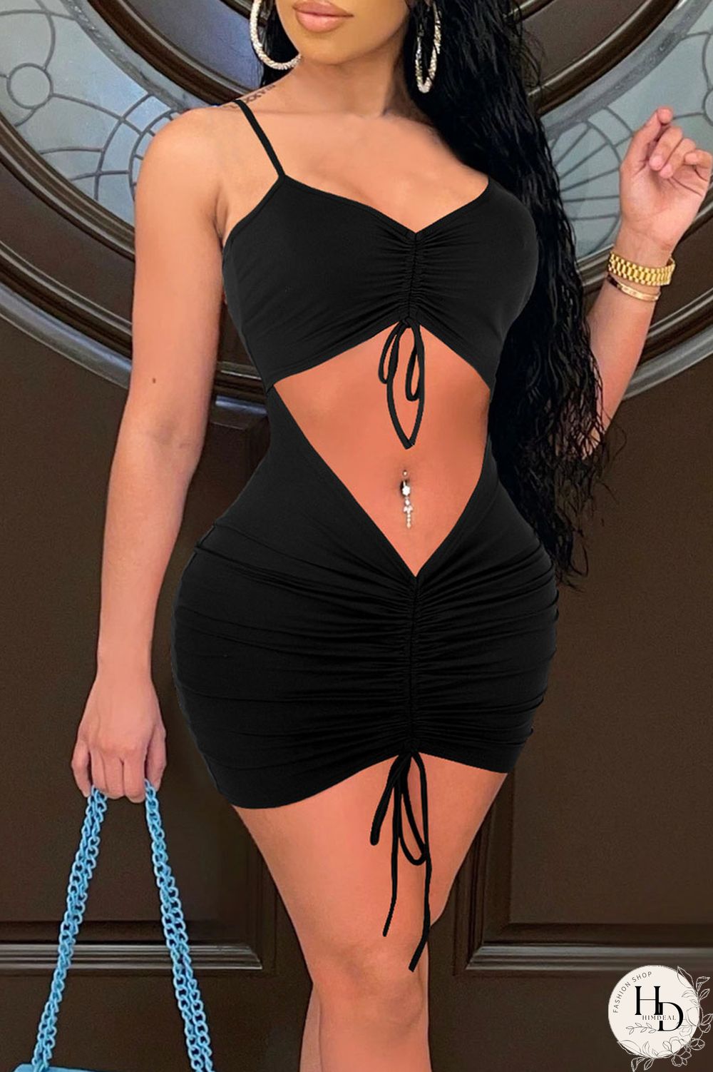 Yellow Sexy Solid Split Joint Draw String Fold Spaghetti Strap Pencil Skirt Dresses