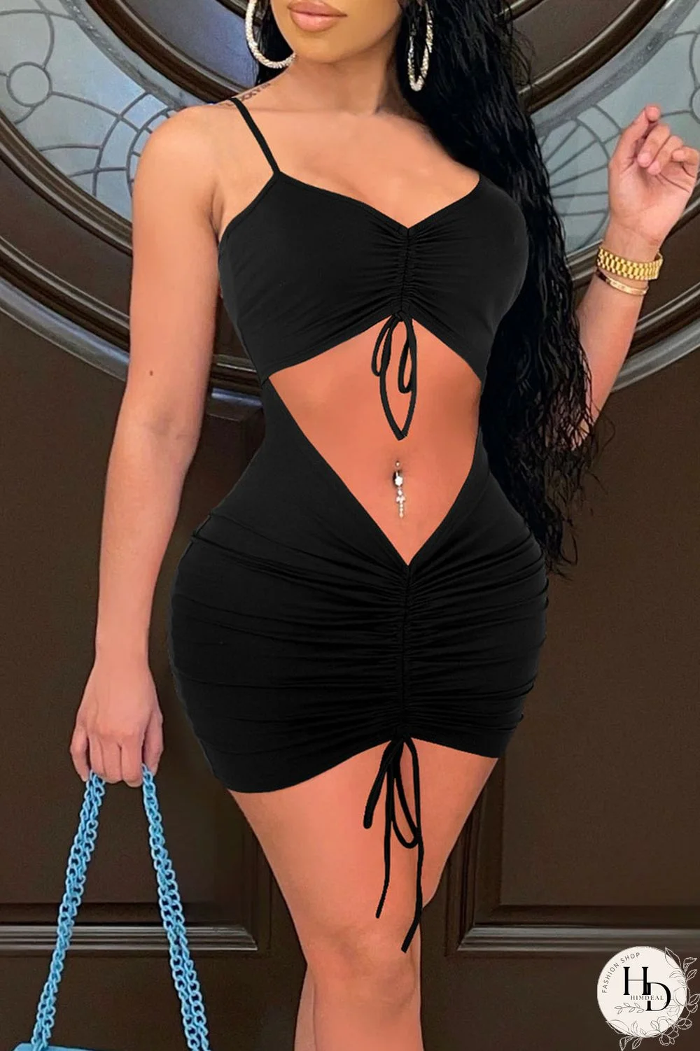 Yellow Sexy Solid Split Joint Draw String Fold Spaghetti Strap Pencil Skirt Dresses