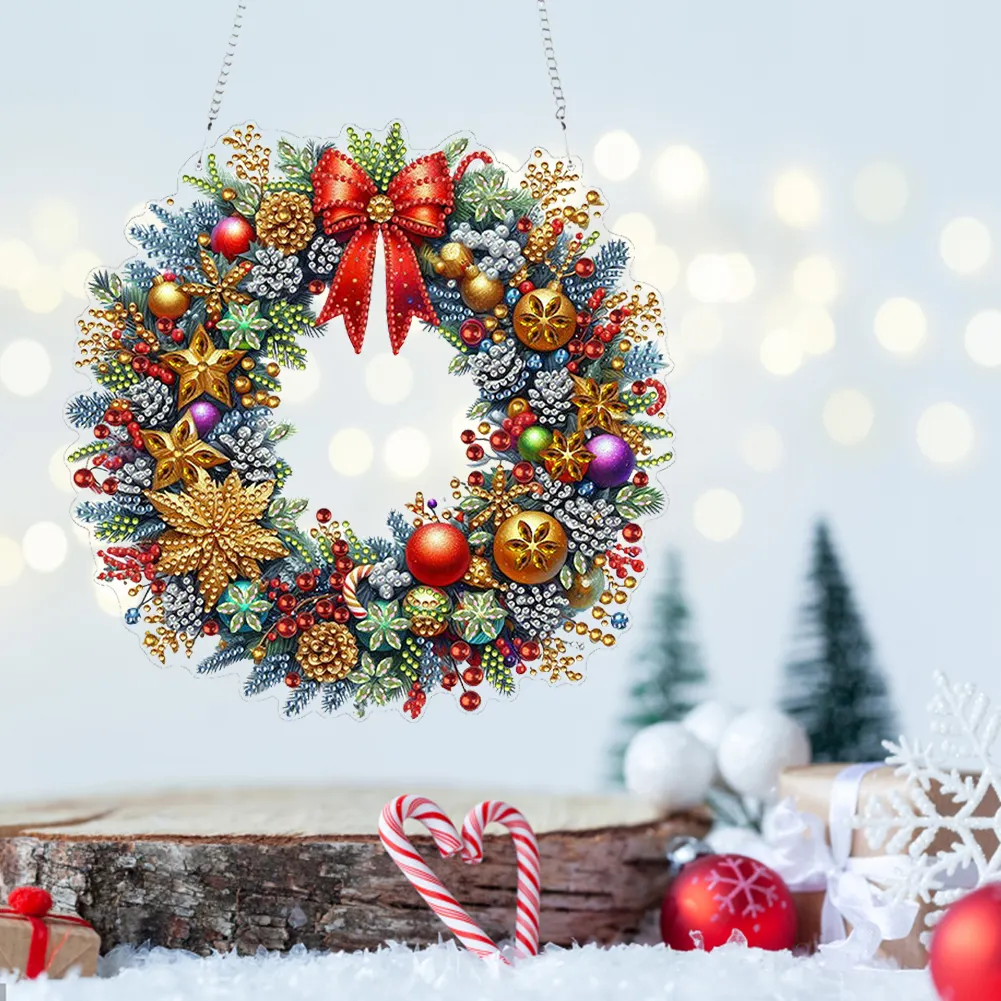 DIY Christmas Wreath Acrylic Special Shape Diamond Painting Hanging Pendant for Wall Window
