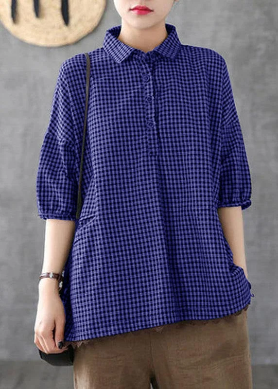 Italian Dark Blue Linen Plaid Summer Patchwork Half Sleeve