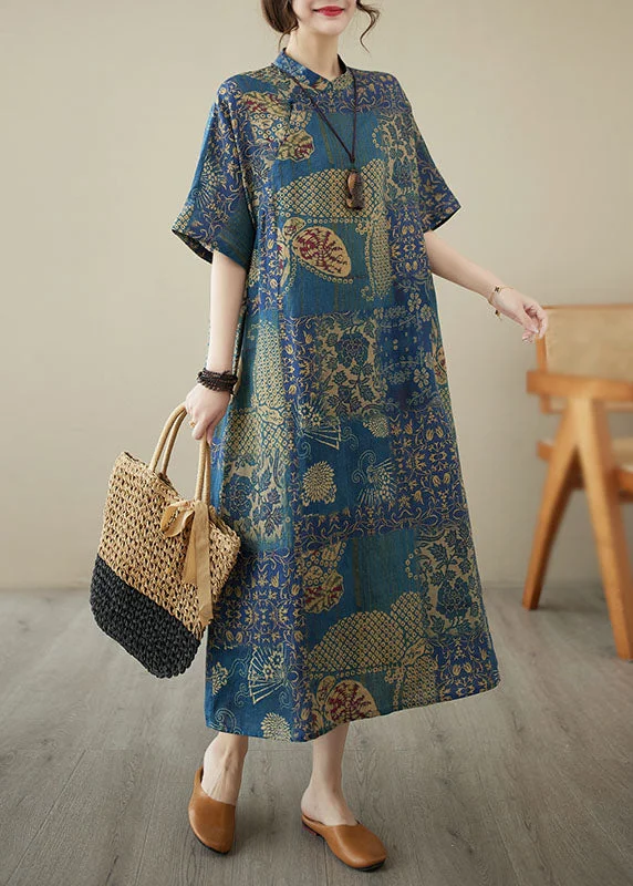 Chinese Style Blue Stand Collar Print Patchwork Linen Dress Summer