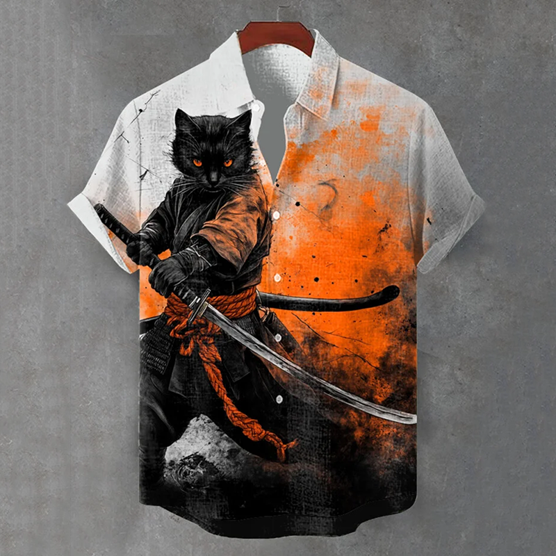 Men's Retro A Handsome Swordsman Black Cat In Samurai Clothes Hold Sword Art Casual Short Sleeve Shirts