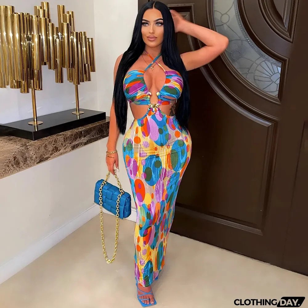Digital Print Lace Up Slim Fit Fashion Sexy Women Dress
