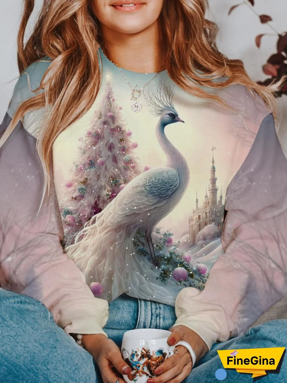 Pink Christmas Tree Peacock Long Sleeve Top