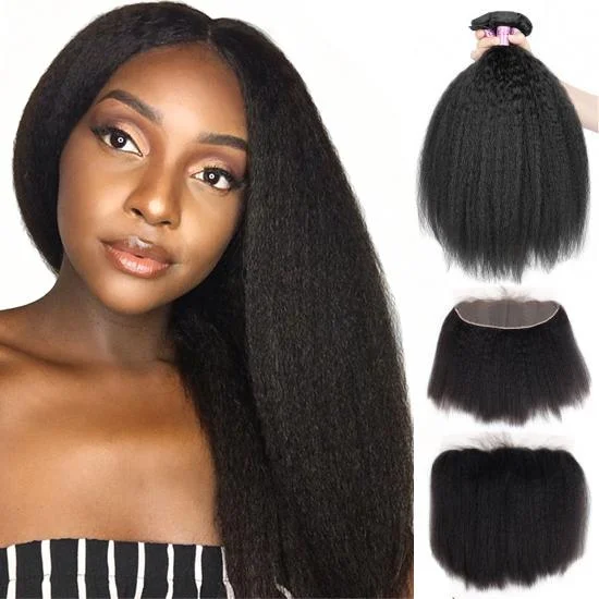 FREE SHIPPING YVONNE Premium Kinky Straight 13.5x4 Lace Frontal With 3Pcs Hair Weaves 
