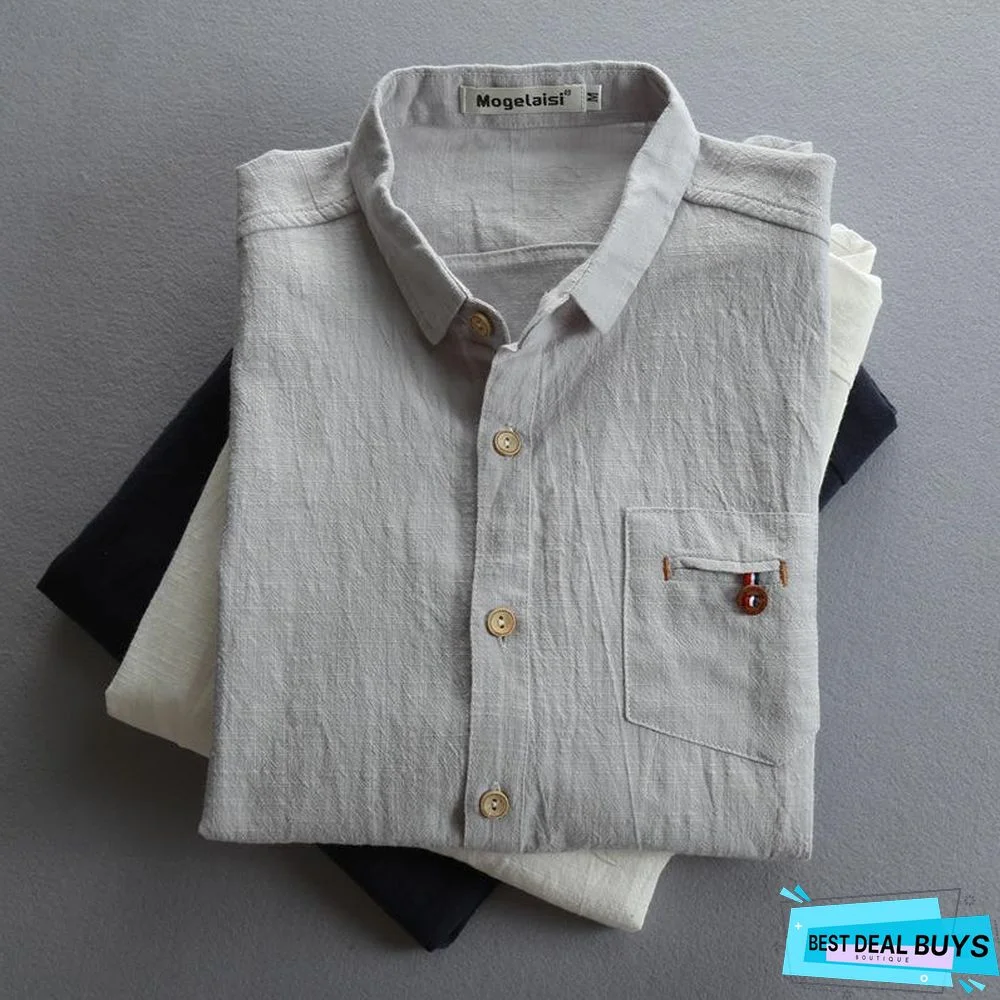 Men Spring/Fall 3/4 Sleeve Loose Turndown Collar Shirts Linen