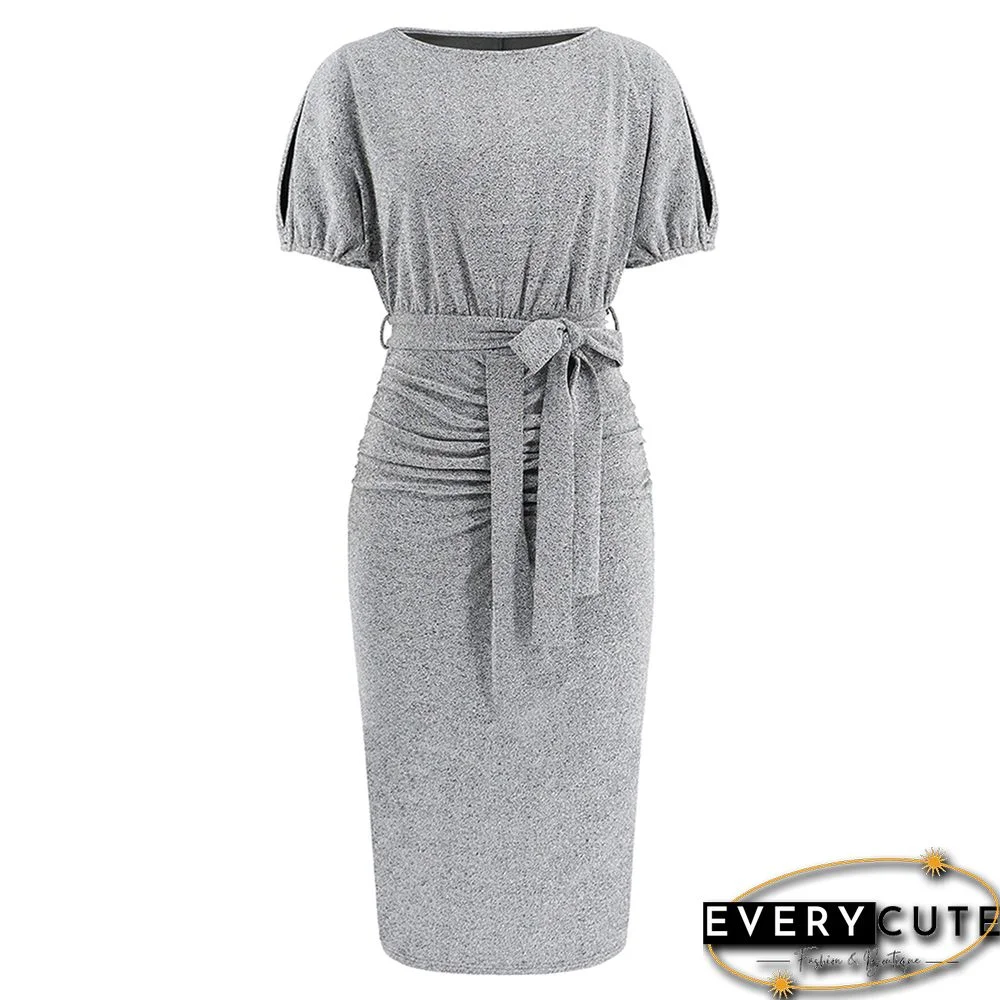 Silver Pleat Short Sleeve Slit Bodycon Dress With Belt