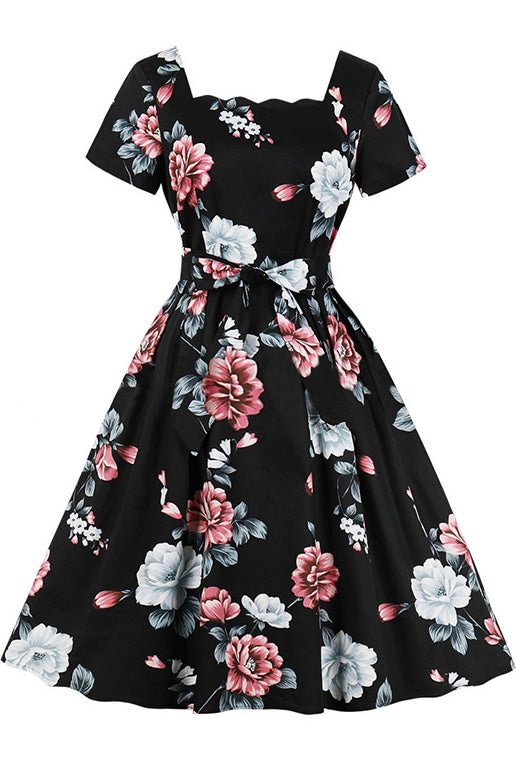 Floral Square Neck Belt Vintage Dress - Chicaggo