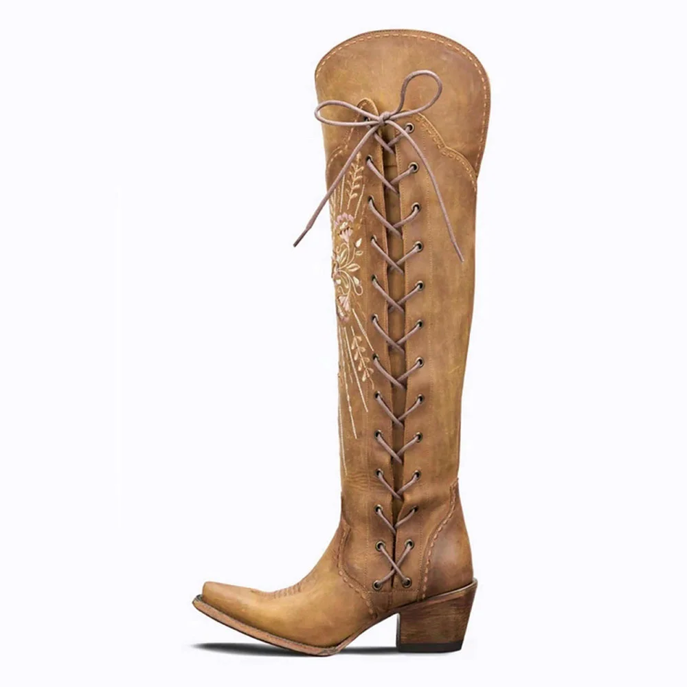 Brown Snip Toe Chunky Heel Lace Up Western Boots for Women with Zipper