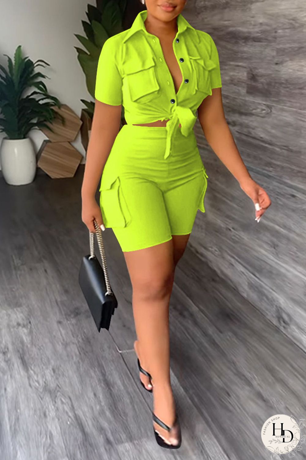 Khaki Casual Solid Bandage Patchwork Pocket Buckle Turndown Collar Short Sleeve Two Pieces