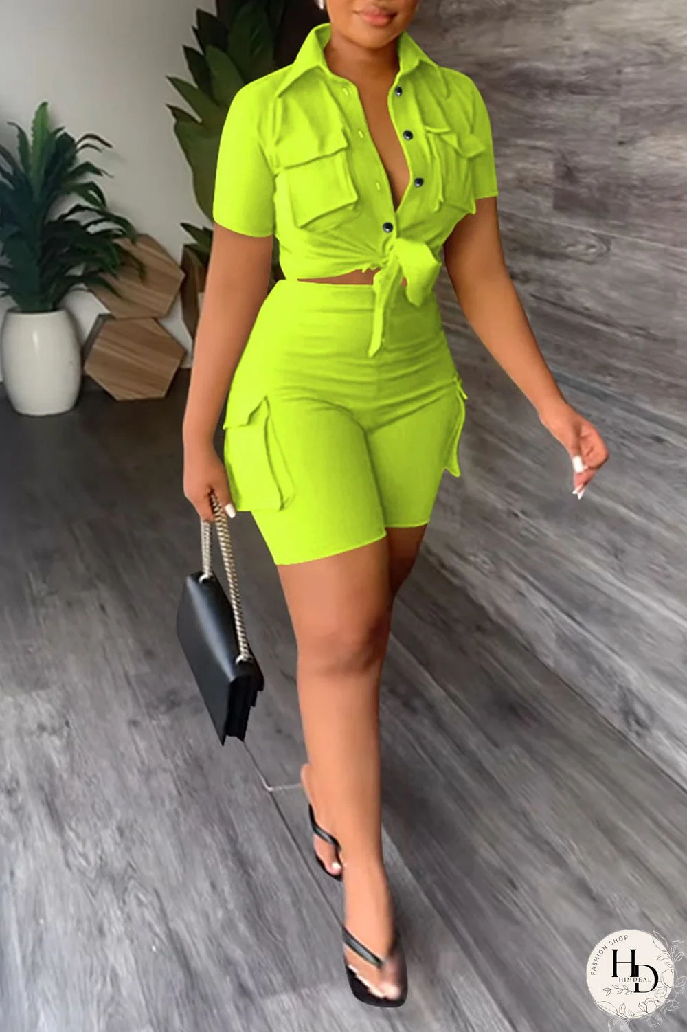 Khaki Casual Solid Bandage Patchwork Pocket Buckle Turndown Collar Short Sleeve Two Pieces